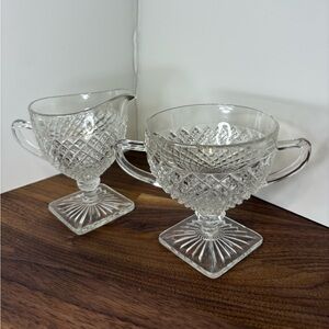 VTG Anchor Hocking Miss America Hobnail Square Foot Creamer and Sugar Set